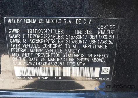 2023 Honda Hr-V 2Wd Lx z USA, uszkodzony, nr VIN 3CZRZ1H3XPM702054